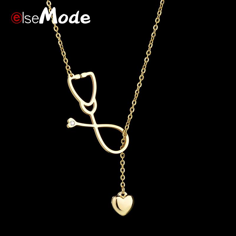 

ELSEMODE Stethoscope Heart Pendant Necklace Cubic Zircon 316 L Stainless Steel Never Fade For Women Girl Jewelry Gift