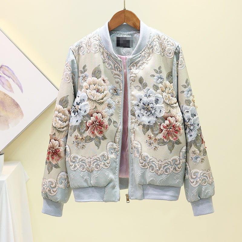 

2021 Jeans Women's Jacket New Korean Spring Thin Diamond Long-sleeve Flower Denies Sequined Sequins Embroidered Short-jacket Beads TXND, Light blue.