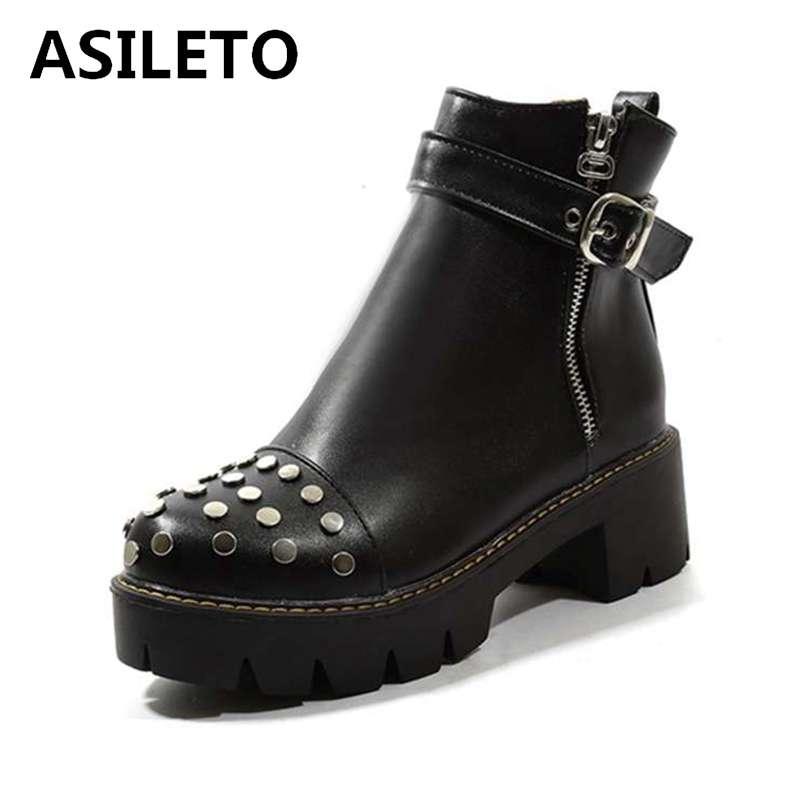 

ASILETO Platform ankle boots for women punk motorcycle rivets booties Zipper cross tied riding Autumn winter boots botas mujer, Black fur