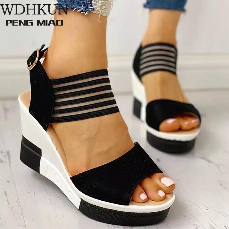 

Dress Shoes Women Sandals Summer Wedges High Heels Fashion Ladies Peep Toe Buckle Strap Stretch Fabric Ankle Female, Black