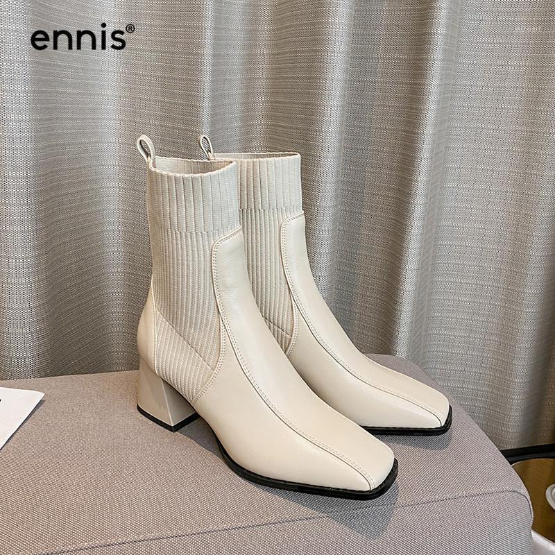 

ENNIS Chunky Heel Ankle Boots Big Size Women Boots Genuine Leather Stretch Knitted Shoes Black Autumn Winter Beige A00991