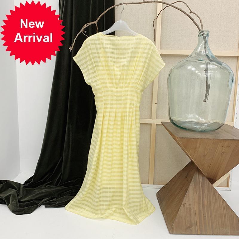 

High 2021 New Quality Summer Fashion Women Long Vintage Sleeves Check Yellow Light Dressed with Two Designer Parts Brand Clothes UT4W, Blue