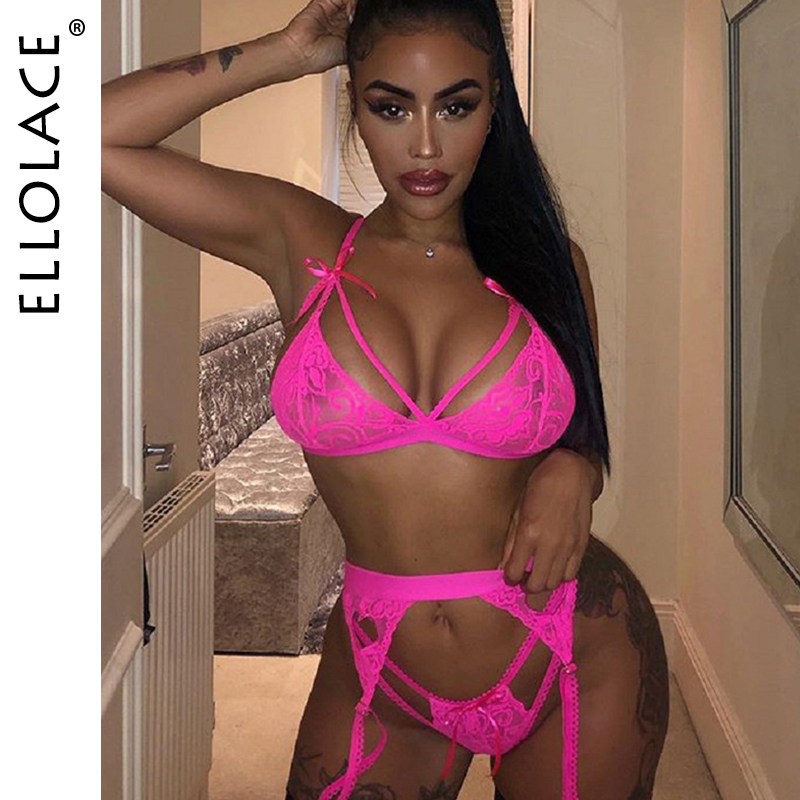 

Ellolace Bow-Knot Sexy Lingerie Women 3 Piece Lace Push Up Transparent Thong Underwear Heart Party Bra Set Y200708, Pink