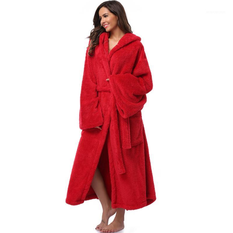

Winter Thick Warm Robe Women Bathrobe with Belt Sleepwear kimono pijamas Hooded Bathrobe Christmas Nightgown Pocket Bath Gown1, Red