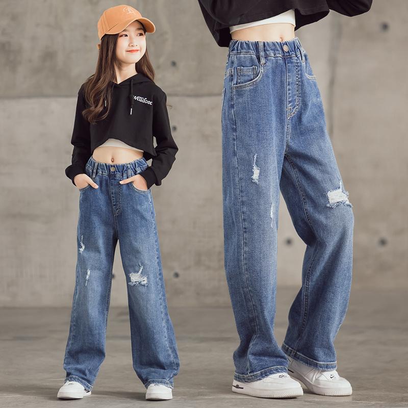 

New Korean Ripped Wide-leg Girls Jeans Solid Elastic Waist Straight Kids Trousers 3-15 Years Old Spring and Autumn Kids Clothes, Blue