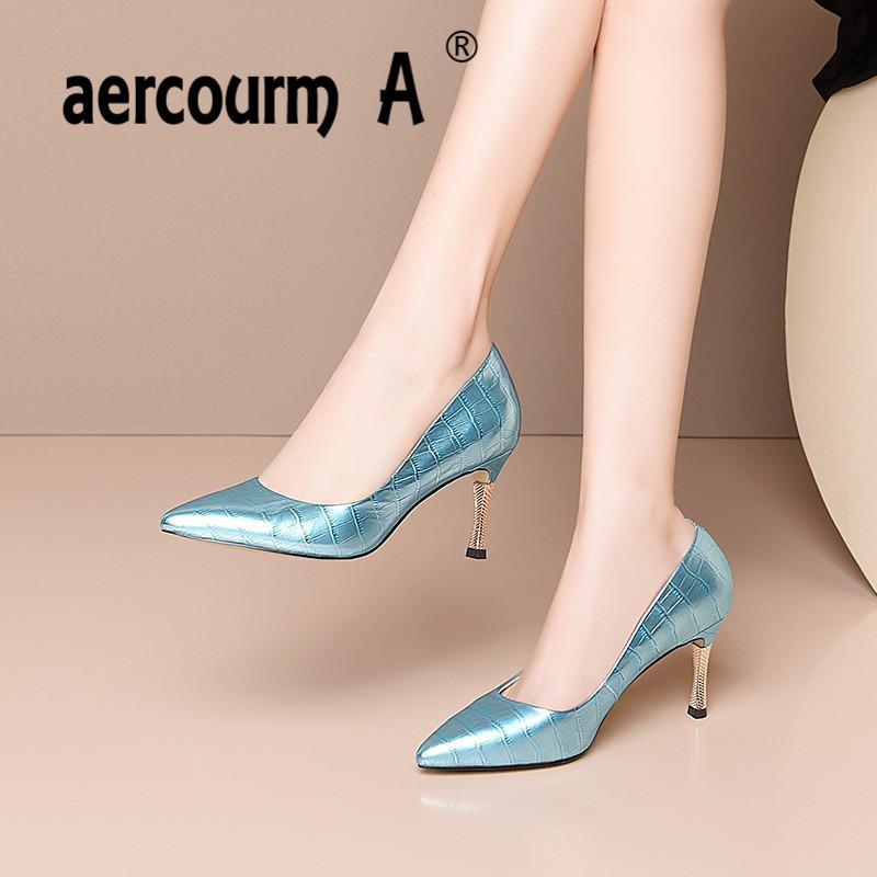 

Aercourm A 2020 High Quality Women Blue Silver Pumps Cow Leather Spring Square Shoes Woman Solid Color Shoes Thin Heel Woman