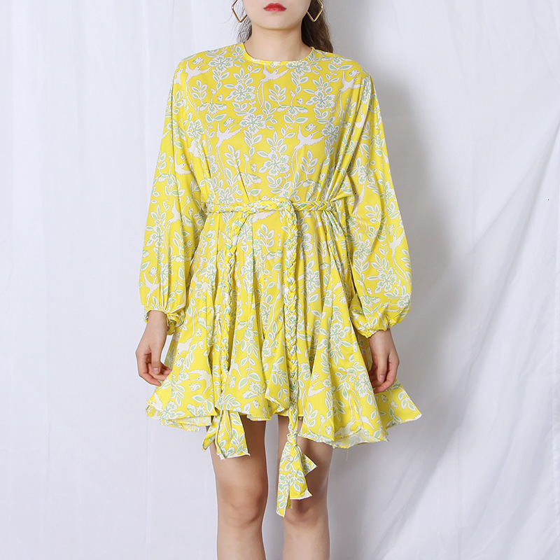 

Woman Dressed in Print 2021 New Autumn the Neck-puff Vintage Floral Boho Loose Dress Feminine Runway Kmu1, Picture color