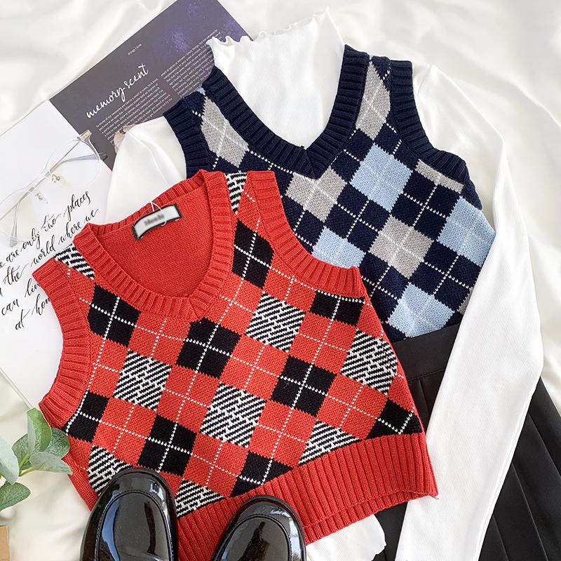 

Mooirue Vintage Spring Women Knitted Vest Plaid Sleeveless Red Black Tops, Blue