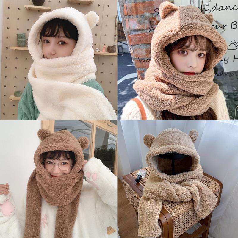 

2in1 Cute Bear Ear Winter Plush Hat Scarf Set Women Girls Novelty Warm Beanies Caps Hat Winter Fashion Accessories, Khaki