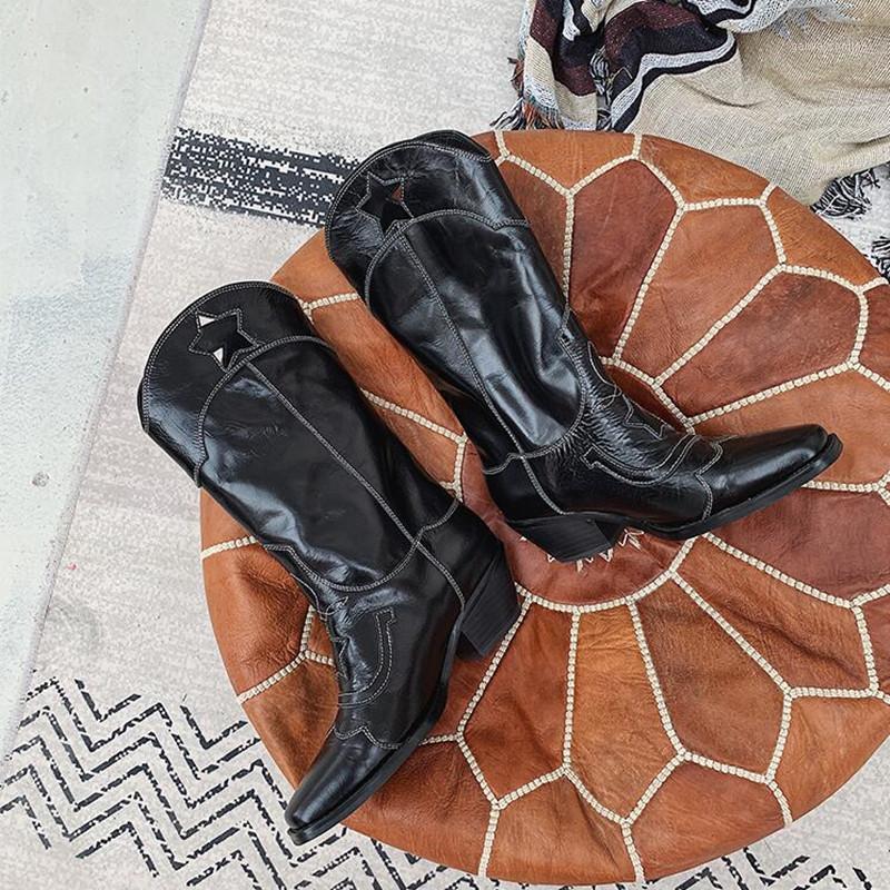 

Black Patent Leather Calf Long Knight Boots Western Style Embroidery Cowboy Boots Popular Shoes Women1