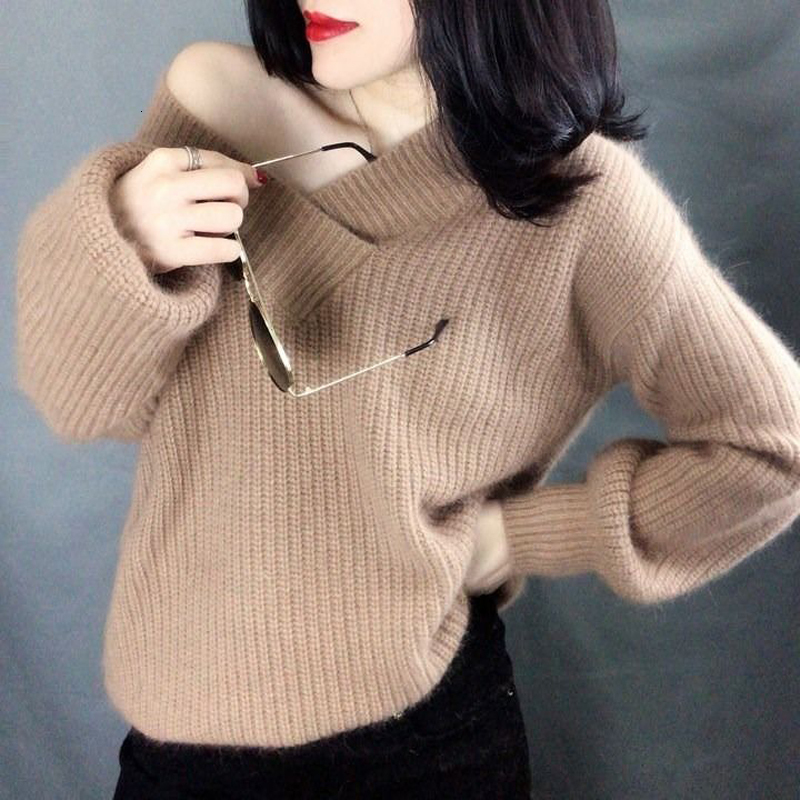 

2021 Female Autumn Elegant Solid Loose-v New Long Sweater Jumpers UQJL, Cyan