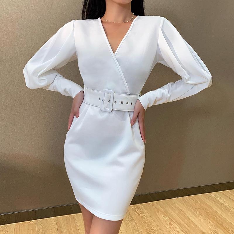 

Women Solid Puff Sleeve Dress Elegant Fashion Casual Long Sleeve Dress Sexy Slight Perspective V-neck Waistband Mini White