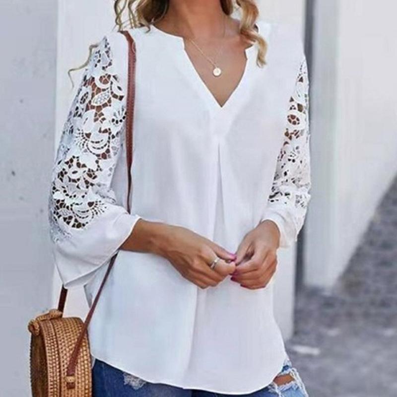 

Women Chiffon Blouse 2020 Summer V-neck Lace Hollow Out Top Embroidery Long Sleeve Patchwork Shirt Plus Size Feminino #T2G, Black