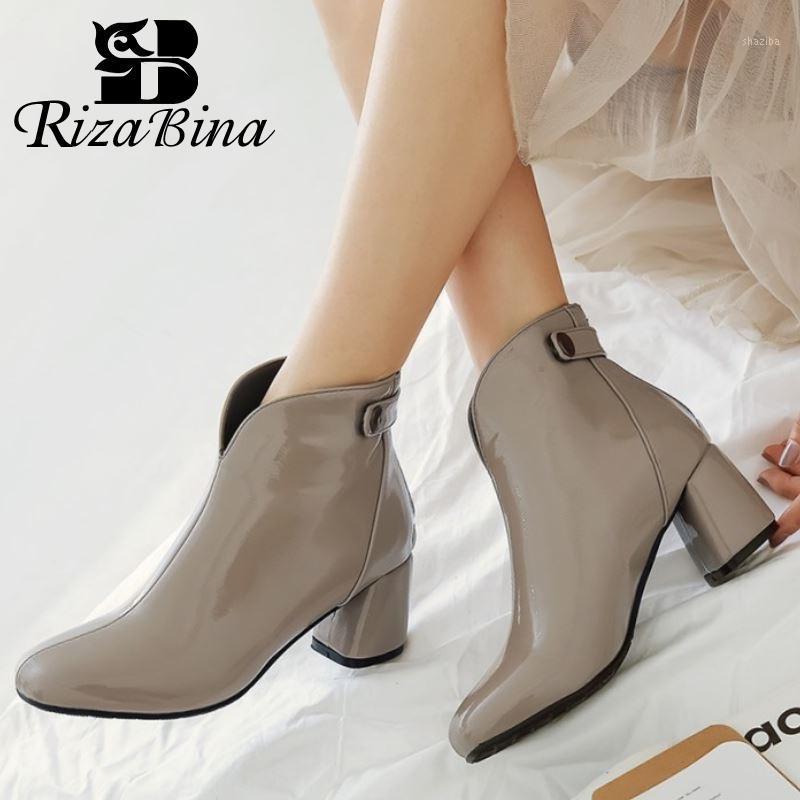 

RIZABINA New Arrival Ankle Boots Women Square Toe Thick Heels Zipper Rivet Simple Shoes Fashion Ladies Footwear Size 32-431, Black