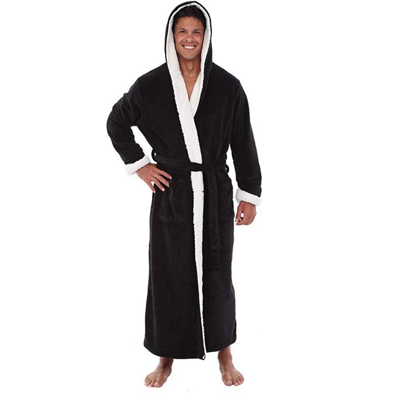 

Men's Sleepwear Men Bathrobe Winter Lengthened Plush Shawl Bath Robe Home Clothes Long Sleeved Coat Badjas #35, Black