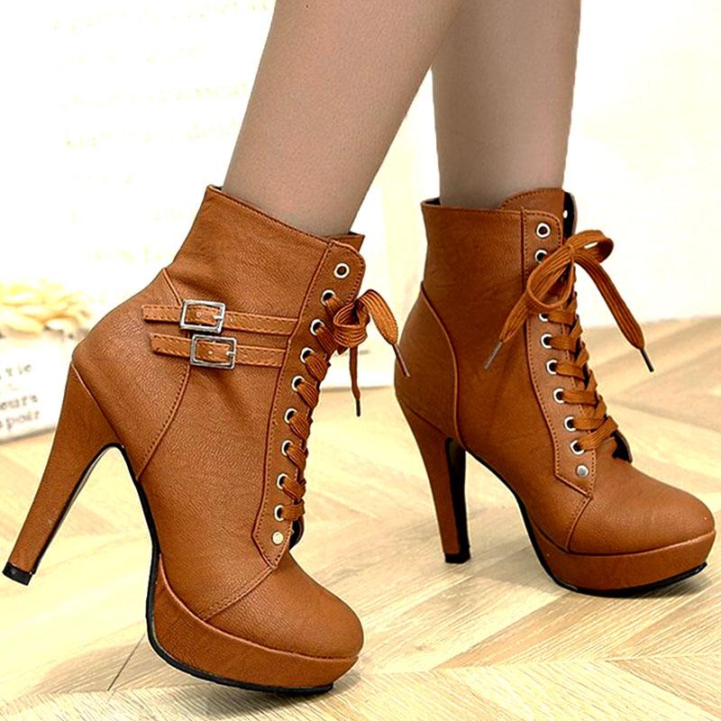 

Winter Women Ankle Boots Fur Thin High Heels Lace Up Buckle PU Leather Wedges Causal Black Wedding Platform Shoes Botas Mujer, Beige