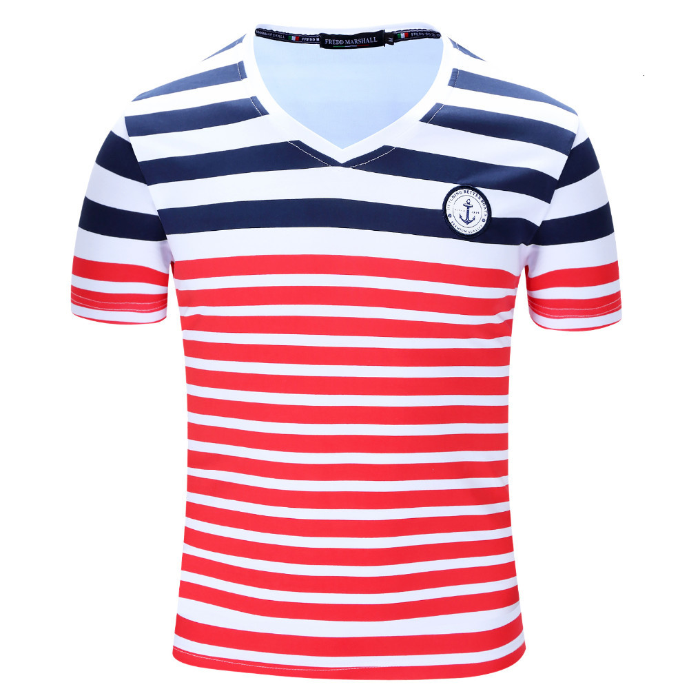 

2021 New Men's Brand Casual with Low v T-shirt Striped Fitness Shirt Will Summer Wear 100% Cotton Plus Male Size Tshirt Rjbo, Red
