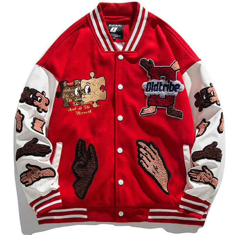 

High Street Baseball Jackets Men Patchwork Furry Hand Letter Embroidery Varsity Jacket Harajuku Casual Loose Red Coat Streetwear, Black