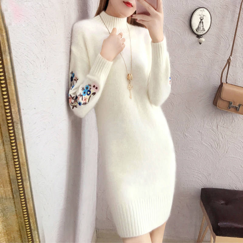 

Turtleneck Embroidered New Sweaters Knitted or Crocheted Dress Women's Long Sleeve Streetwear Pullovers Oversized Pull Shirt Xoxm, Beige