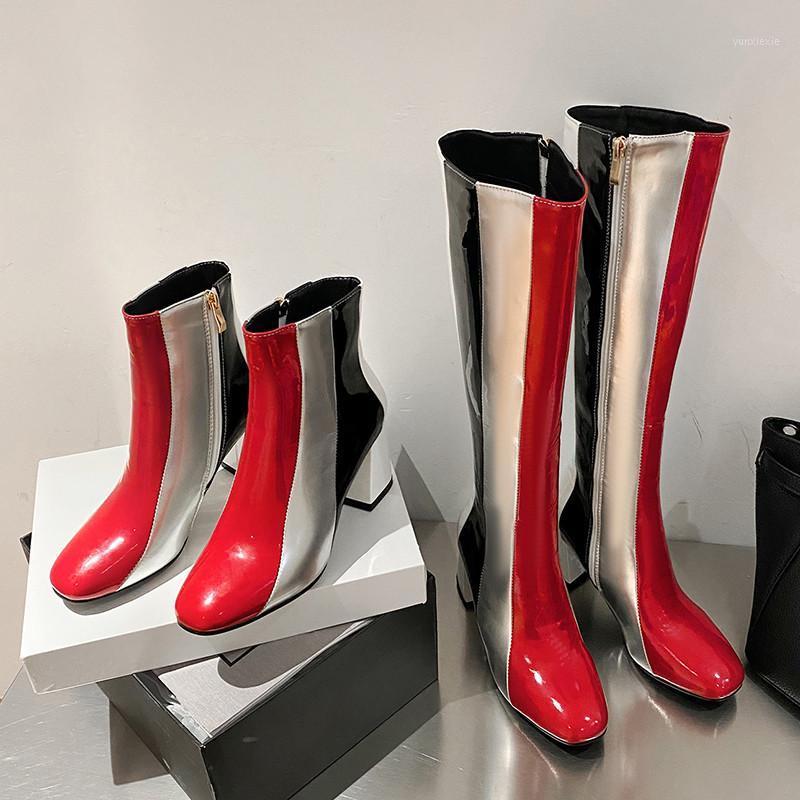 

YMECHIC 2020 New Arrival Fashion Contrast Patchwork Hoof High Heels Mid Calf Womens Boots Winter Catwalk Show Long Boot Shoes1, Short boot