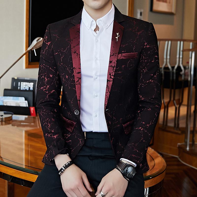 

Fashion Men's Jacquard Contrast Collar Blazer Red Black Blue Sequin Slim Blazer Men's Club Prom Dress Tuxedo Suit Coat Jacket