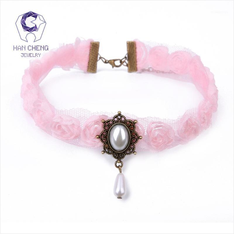 

HanCheng New Fashion Lace Flower Gauze Vintage Carved Pearl Pendant Choker Necklace Women Necklaces Ribbon collar jewelry bijoux1