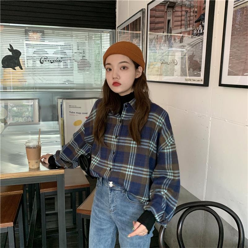 

Female Korean Harajuku Cute Casual Plaid Lapel Shirt Women's Shirts Ulzzang Japanese Kawaii Ladies Vintage Clothes For Women, Blue
