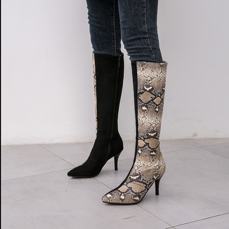 

Patchwork Sexy Boots Women High Heels Snake Skin Boots Female Knee High Shoes Ladies Party Pointed Toe Shoes Woman Big Size31-48, Silver