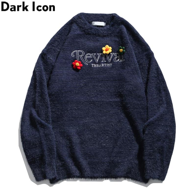 

Dark Floral Letters Embroidery Sweater Men Women Crew Neck Crop Top Knitwear Sweaters, Light blue