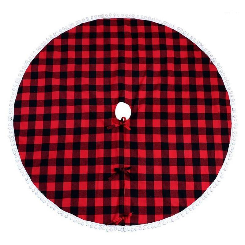 

1 Pcs Plaid Christmas Tree Skirt Red and Black Xmas Tree Skirts with Pom Pom for Christmas Decorations1