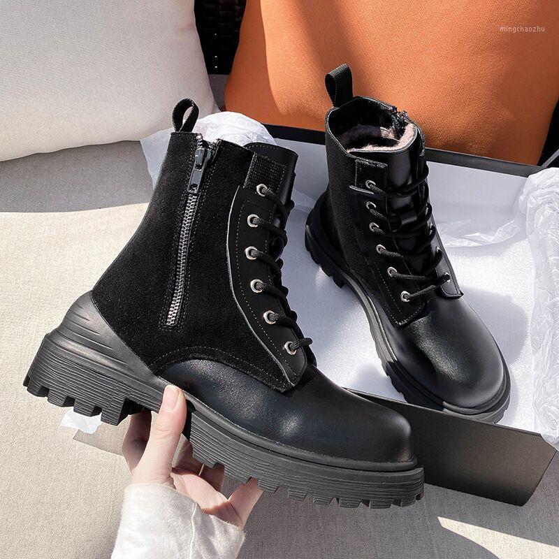 

REVT boots new style girls Genuine Leather fashion Thick bottom boots top quality womens motorcycle womens shoes1, Black