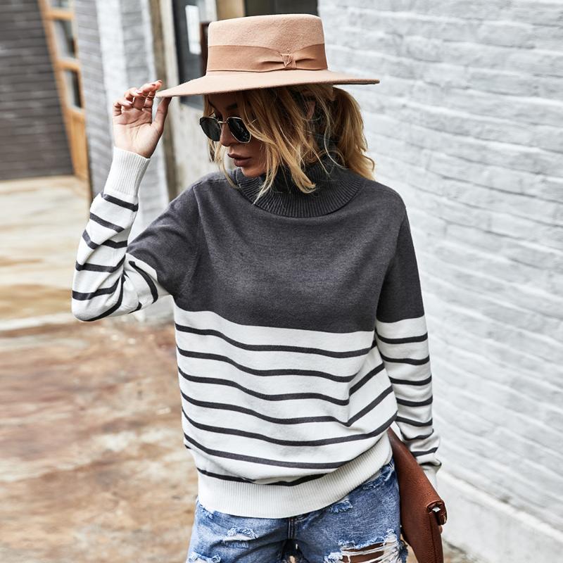

Autumn/winter Turtleneck Striped Sweater Women' Top Long Sleeve Loose-fitting Pullover Sweater for Women, Black