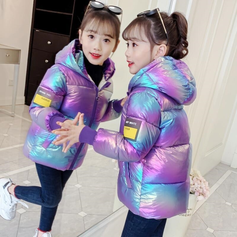 

New Girls Bright Shiny Colorful Down Jacket Fashion Keeping Winter Warm Kids Coat Children Cotton Casual Hooded Thick Outerwear 201106, White