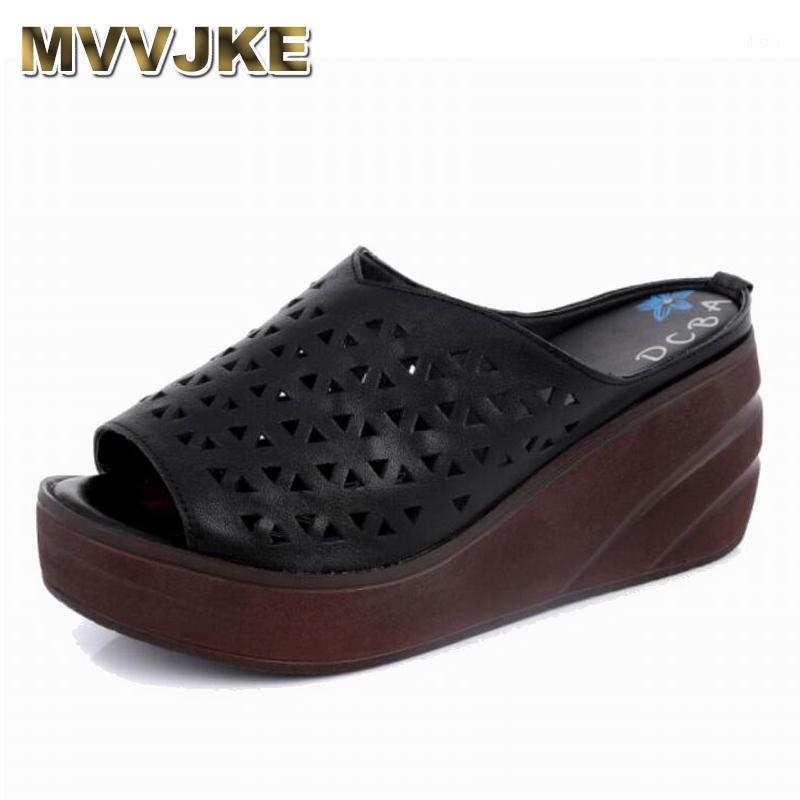 

MVVJKE summer wedge slippers hollow platform high heels women shoes ladies outside basic genuine leather slippers sandals1, Black