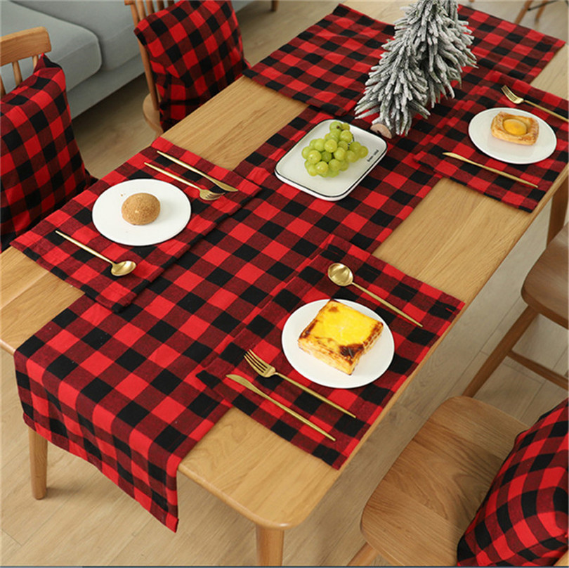 Christmas Placemats Plaid Dining Table Heat Resistant Wipeable Placemat Non-slip Kitchen Place Mats Cutlery Table Pad Decoration E102101-image-602873214