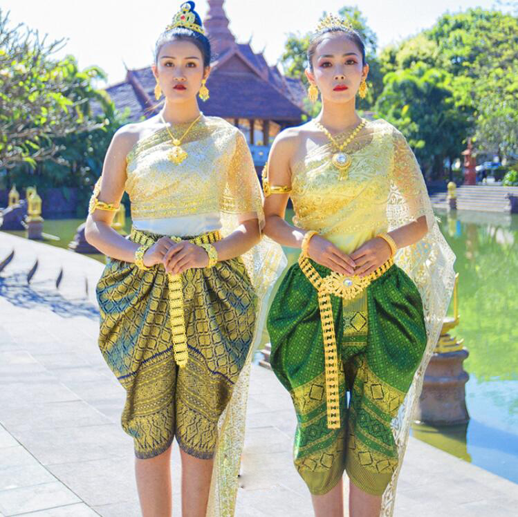 

Asian Dai Princess clothing Thailand Style fabrics Water Splashing Festival Outfit women's gilded yarn Jacket + Pants + Shawls, Green