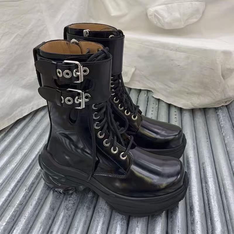 

2020 Platform Shoes Woman Buckle Boots Woman Square Toe Zapatos De Mujer Ins Hot Lace Up Botas Mujer Mid Calf Combat Boots, As pic