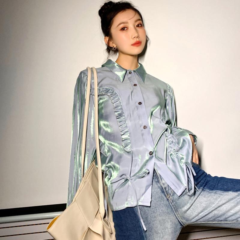 

2021 Spring Satin Lace Up Asymmetry With Gradient Luster Turn-down Collar Bow Korean Style Light Blue Shirt Women C900