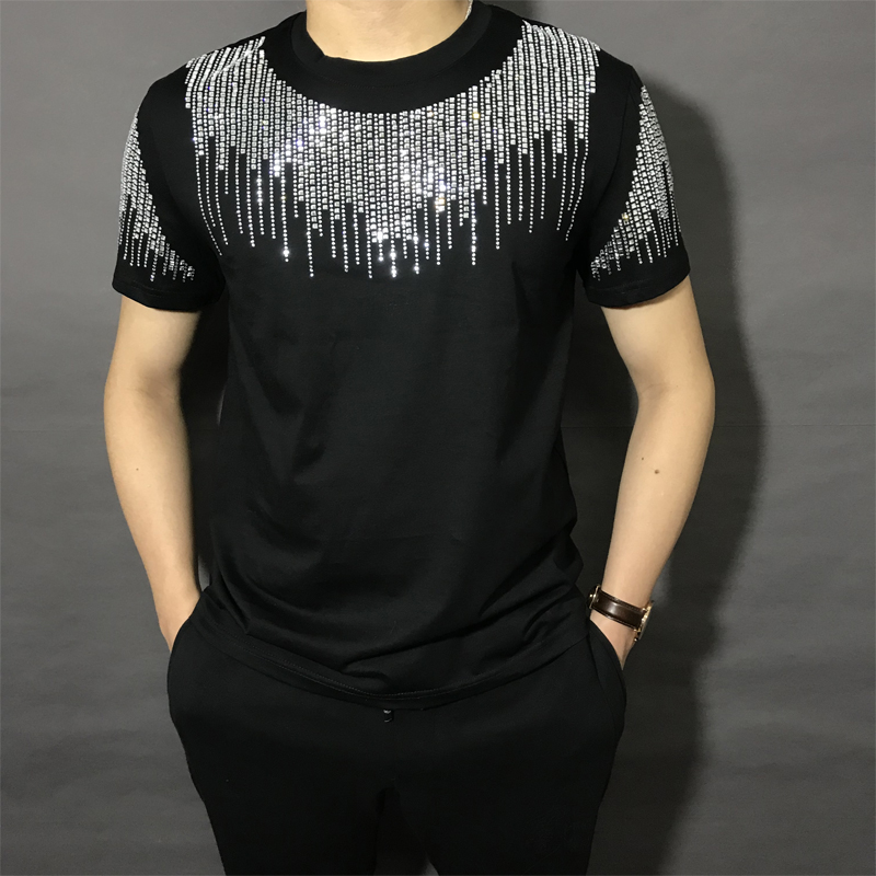 

Freeship mens rhinestone short sleeve black/white fashion T shirt/party/stage/bling style