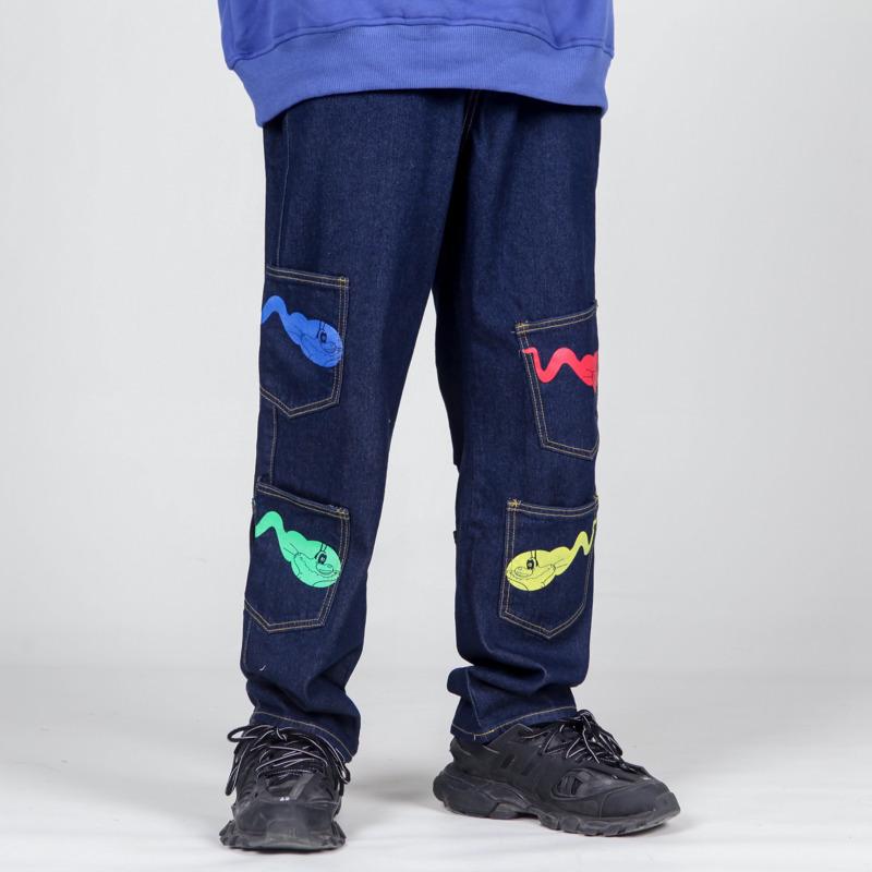 

EWQ / men' wear multi-pocket niche printed jeans trendy straight tube all-match loose couple trendy pants streetwear trousers, Black