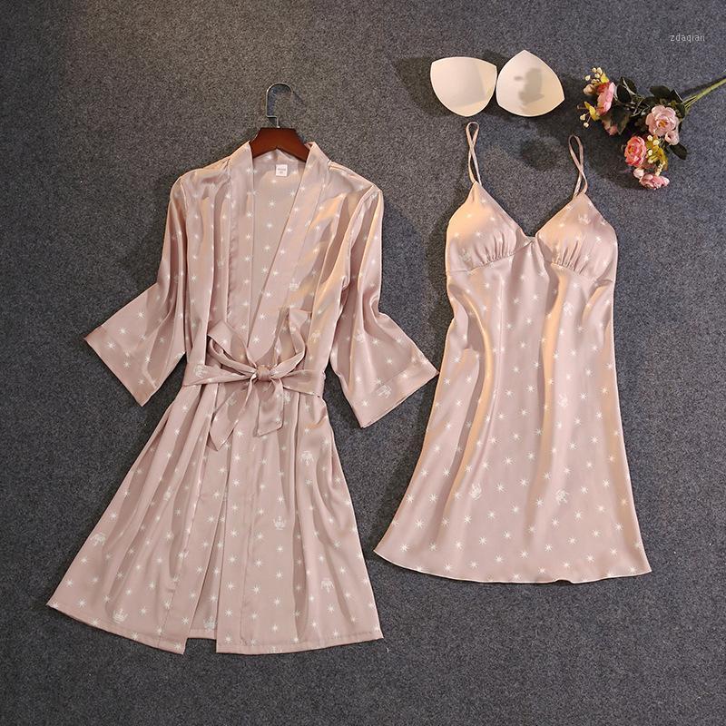 

Print Crown Stars 2PCS Robe Gown Set Sexy Backless Strap Top Faux Silk Sleepwear With Bra Summer New Casual Female Nightwear1, Green
