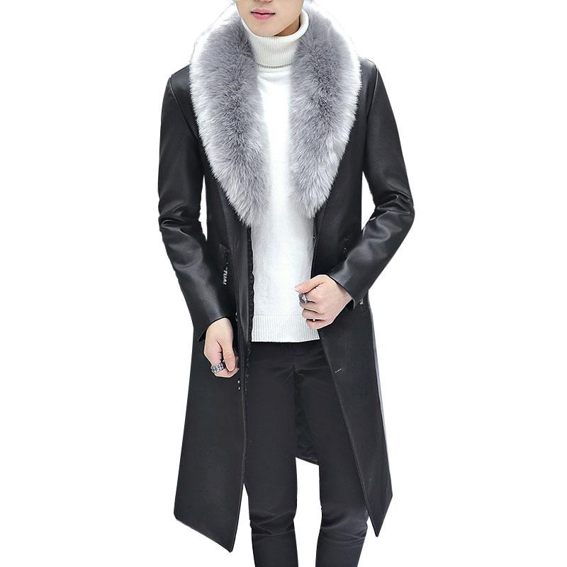 

2020 New Winter Blazer Fur Collar Long Section Men fur Coat Men's Business Casual Leather Jacket Fleece Warm Thick Overcoat XXXL, Black