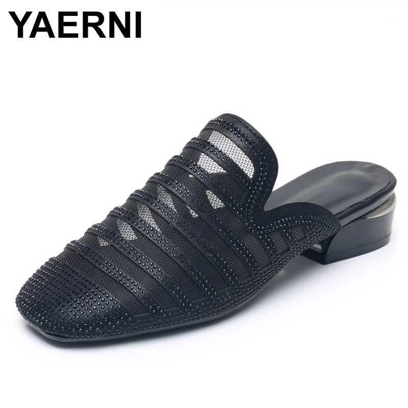 

YAERNI2020 new summer women slippers closed toes square heels lady sandals fashion mesh rhinestone woman shoes big size1, Black