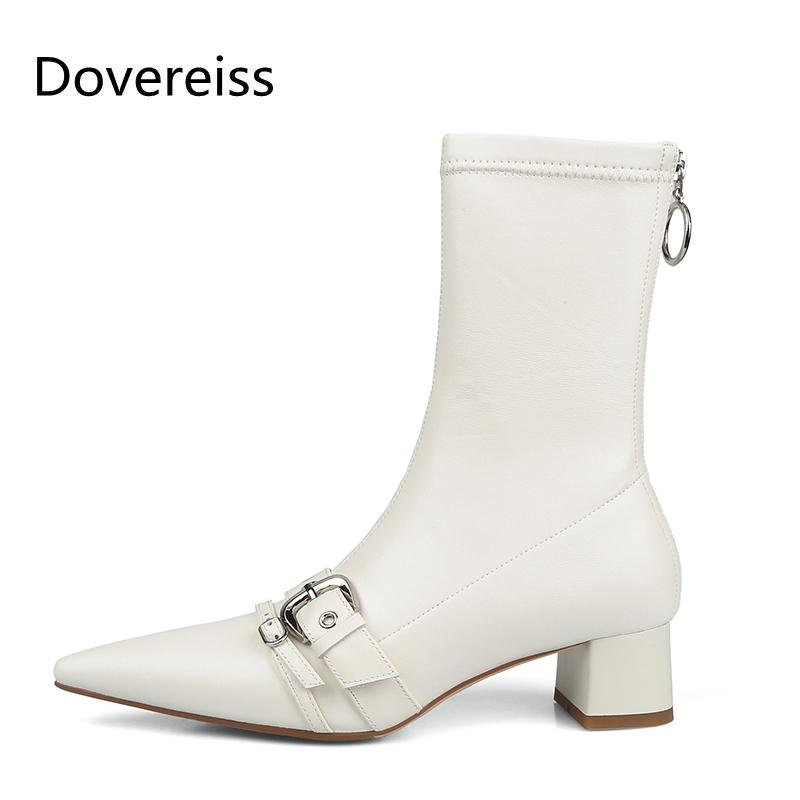 

Dovereiss Fashion Women's Shoes Winter Sexy Elegant Concise Buckle Mature Beige Pointed toe Zipper Chunky heels Ankle boots33-40