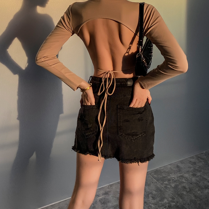 

2021 New Long Fall Tops for Sexy Solid-colored Women with No Back Vintage Tshirts Fashion All-match Short Casual Clothes 6HTR, Black.