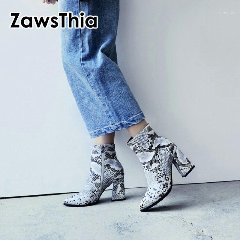 

Boots ZawsThia 2021 Autumn Winter Sexy Woman Shoes Block High Heels Snake Skin Print Pattern Pointed Toe Gold Silver Women Ankle Boots1, Brown