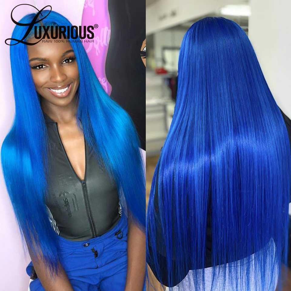 

180 Density Straight Blue Lace Front Human Hair Wigs Brazilian Remy Hair Closure Wig Ombre Lace Front Wig Transparent Wigs, As pic