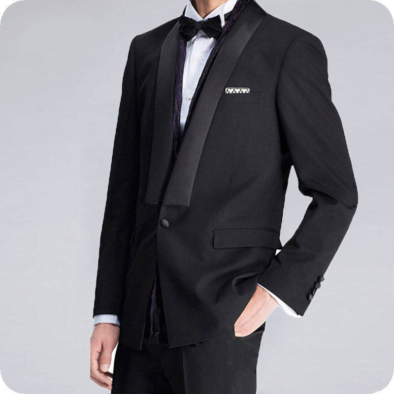 

Black Groom Tuxedo Men Suits for Wedding Suits Groomsmen Attire Latest Shawl Design Ternos Slim Fit Best Man Blazer 2Piece Coat Pants, White