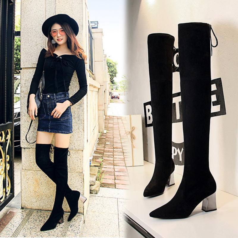 

Western Knight Flock Over-the-Knee Boots Women Winter Thick Thigh High Heel Short Plush Boots Lady Pointed Toe Club Long Booties1, Black