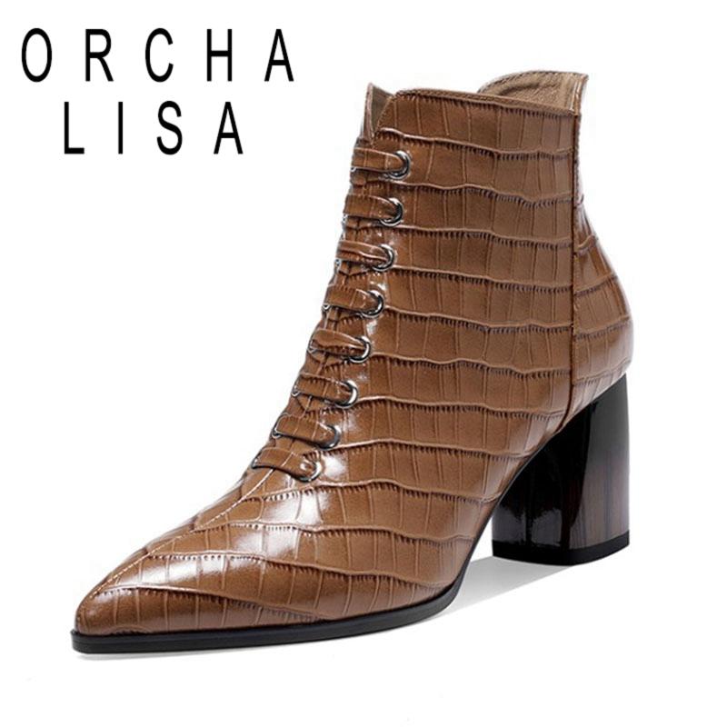 

ORCHA LISA Female Concise Genuine Leather Ankle Boots Pointed Toe 6cm Hoof Heels Zipper Plus Size 34-42 Casual Party C1942, Black dan